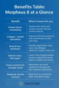 How Often Can I have Morpheus 8? 3 Table showing the benefits of Morpheus 8 treatment from Lipo Sculpt Leigh-on-Sea